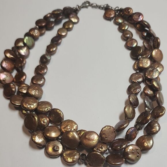 Silpada 3 Strand Bronze Brown Coin Pearl Sterling Silver Necklace 16